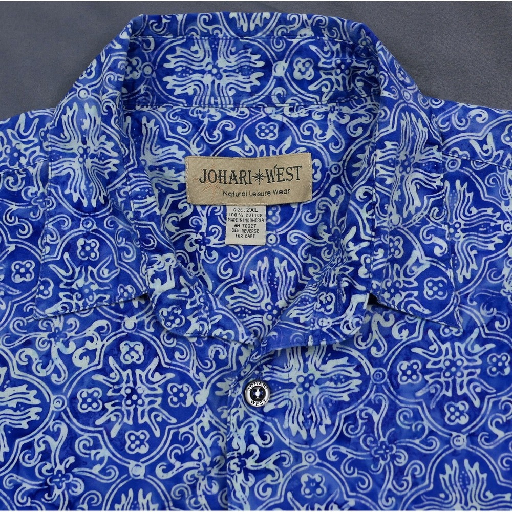 Johari West Mens 2XL Blue White Batik Medallion Cotton S/S Hawaiian Shirt